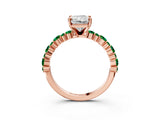 Rose gold Radiant Cut Diamond Side Stone Solitaire Ring with Round with Emerald side stone and Four-Prong Setting_22