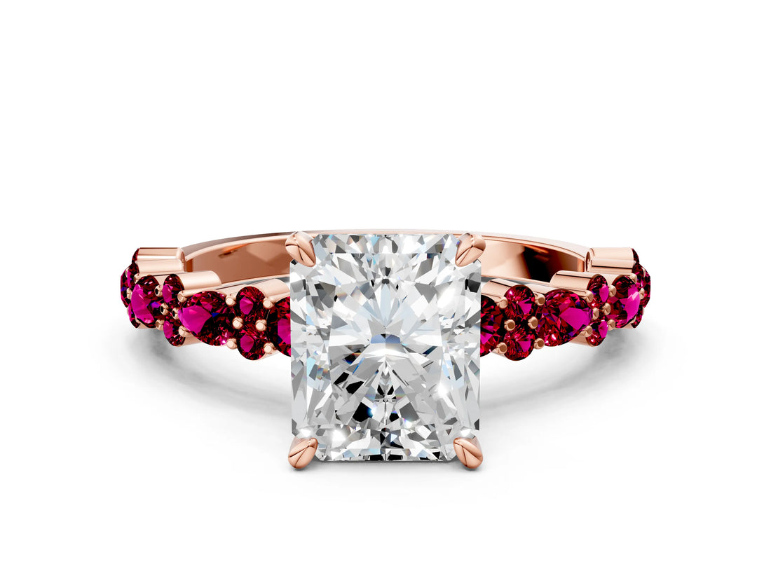 Rose gold Radiant Cut Diamond Side Stone Solitaire Ring with Round with Garnet side stone and Four-Prong Setting