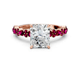 Rose gold Radiant Cut Diamond Side Stone Solitaire Ring with Round with Garnet side stone and Four-Prong Setting