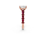 Rose gold Radiant Cut Diamond Side Stone Solitaire Ring with Round with Garnet side stone and Four-Prong Setting_2