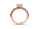 Rose gold Radiant Cut Diamond Side Stone Solitaire Ring with Round with Garnet side stone and Four-Prong Setting_3