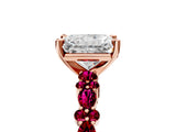 Rose gold Radiant Cut Diamond Side Stone Solitaire Ring with Round with Garnet side stone and Four-Prong Setting_5