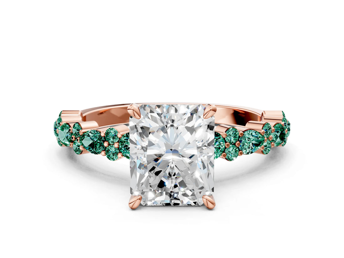 Rose gold Radiant Cut Diamond Side Stone Solitaire Ring with Round with Green Sapphire side stone and Four-Prong Setting