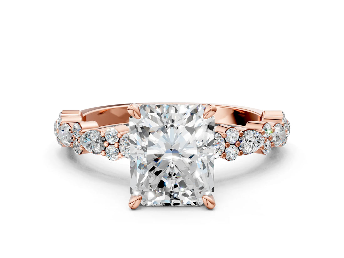 Rose gold Radiant Cut Diamond Side Stone Solitaire Ring with Round with Moissanite side stone and Four-Prong Setting
