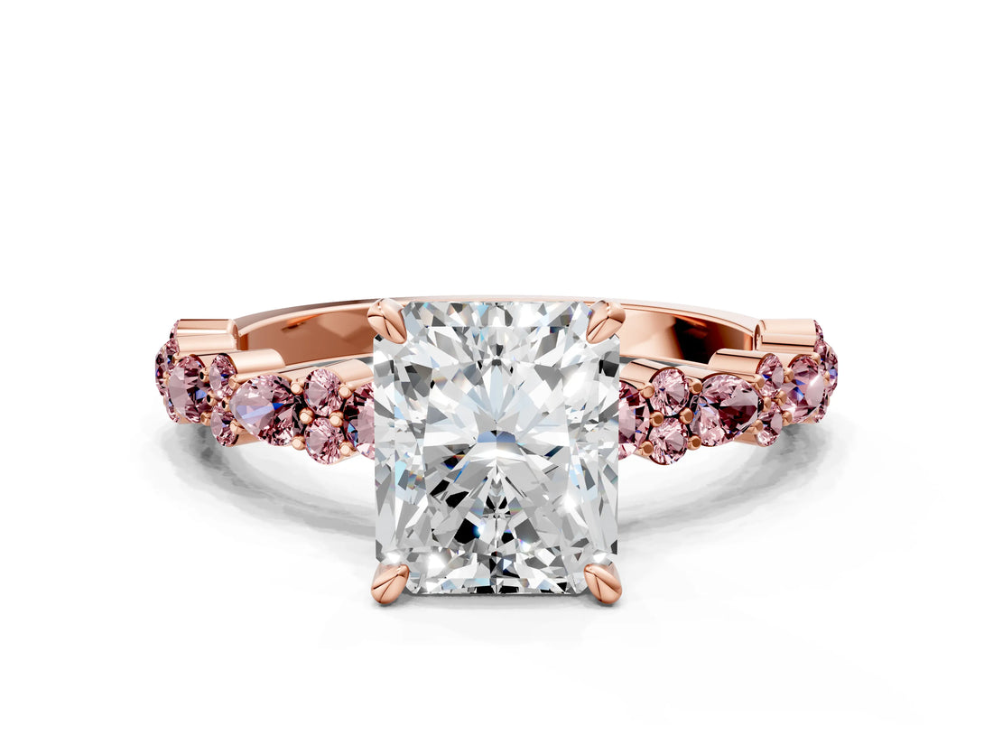Rose gold Radiant Cut Diamond Side Stone Solitaire Ring with Round with Morganite side stone and Four-Prong Setting