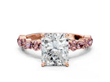 Rose gold Radiant Cut Diamond Side Stone Solitaire Ring with Round with Morganite side stone and Four-Prong Setting