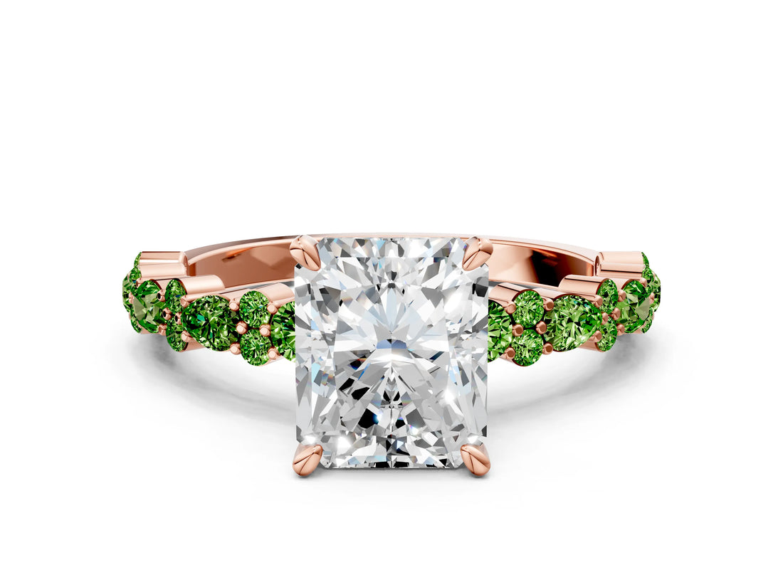 Rose gold Radiant Cut Diamond Side Stone Solitaire Ring with Round with Peridot side stone and Four-Prong Setting_18