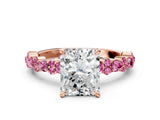 Rose gold Radiant Cut Diamond Side Stone Solitaire Ring with Round with Pink Sapphire side stone and Four-Prong Setting
