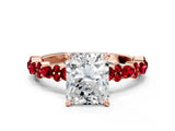 Rose gold Radiant Cut Diamond Side Stone Solitaire Ring with Round with Ruby side stone and Four-Prong Setting