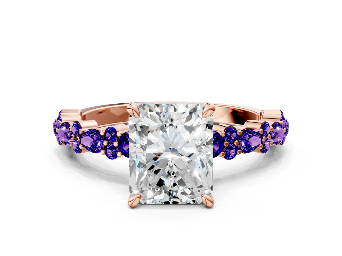 Rose gold Radiant Cut Diamond Side Stone Solitaire Ring with Round with Tanzanite side stone and Four-Prong Setting