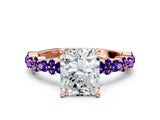 Rose gold Radiant Cut Diamond Side Stone Solitaire Ring with Round with Tanzanite side stone and Four-Prong Setting