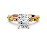 Rose gold Radiant Cut Diamond Side Stone Solitaire Ring with Round with Yellow Sapphire side stone and Four-Prong Setting