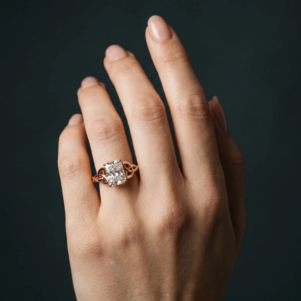 Rose gold Radiant Cut Diamond Solitaire Celtic Knot Ring with Four-Prong Setting