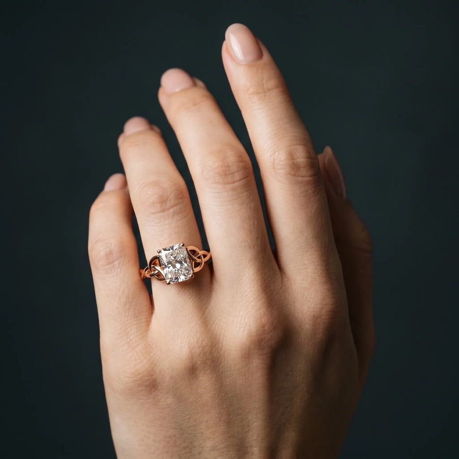 Rose gold Radiant Cut Diamond Solitaire Celtic Knot Ring with Four-Prong Setting