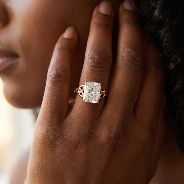 Rose gold Radiant Cut Diamond Solitaire Celtic Knot Ring with Four-Prong Setting