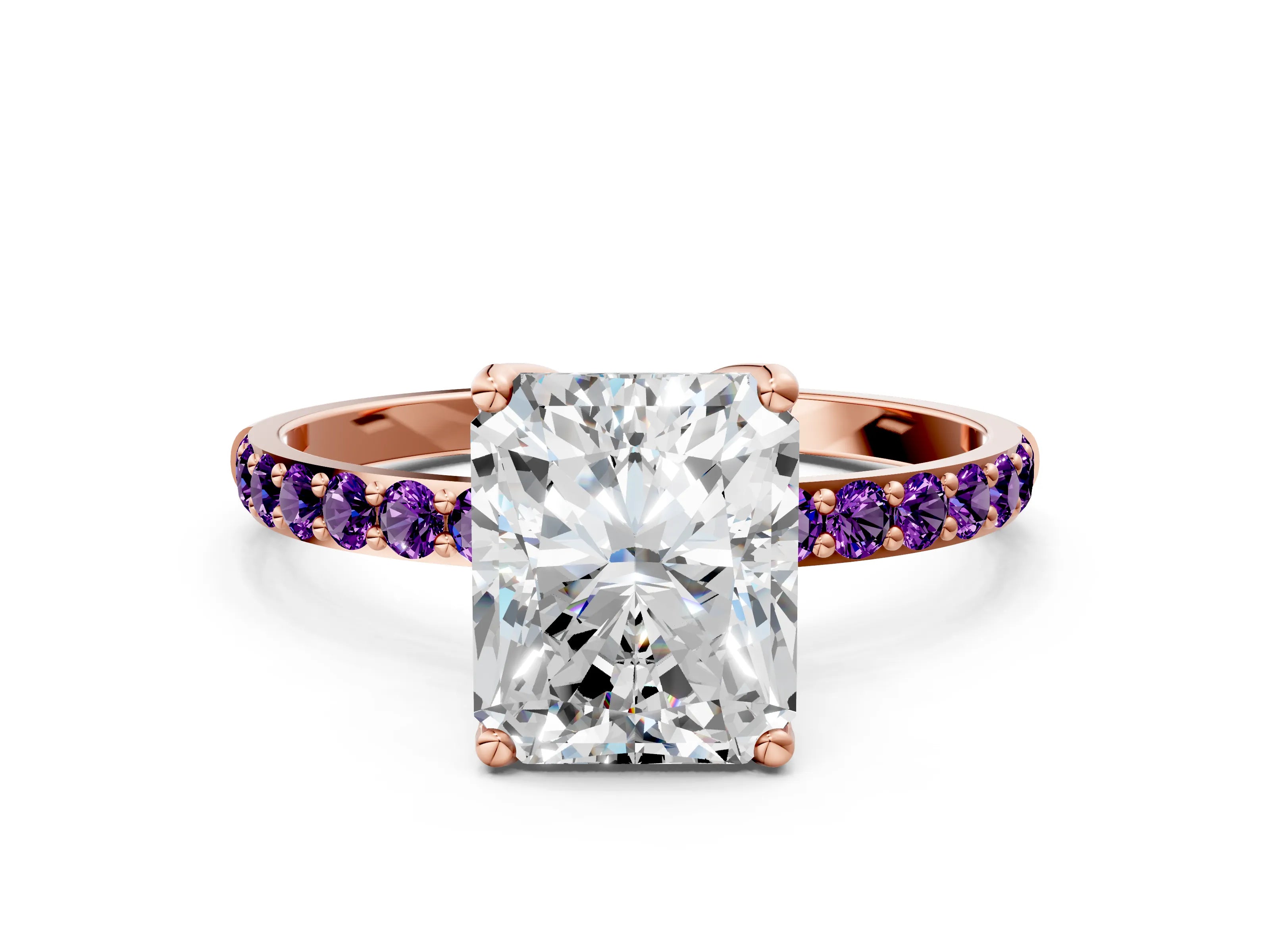 Rose gold Radiant Cut Diamond Solitaire Engagement Ring with Round with Amethyst side stone Pavé Band and Prong Setting