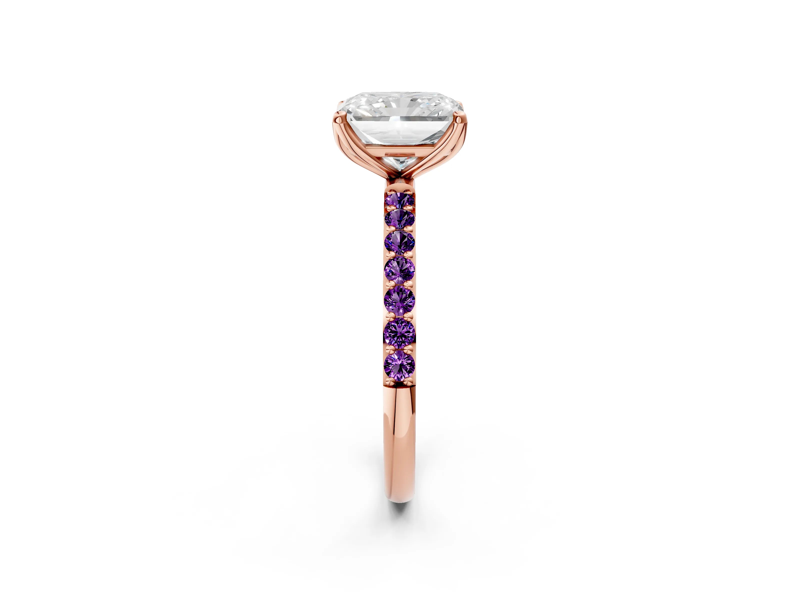 Rose gold Radiant Cut Diamond Solitaire Engagement Ring with Round with Amethyst side stone Pavé Band and Prong Setting_2