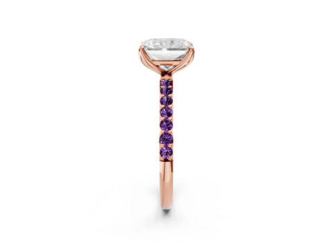 Rose gold Radiant Cut Diamond Solitaire Engagement Ring with Round with Amethyst side stone Pavé Band and Prong Setting_2