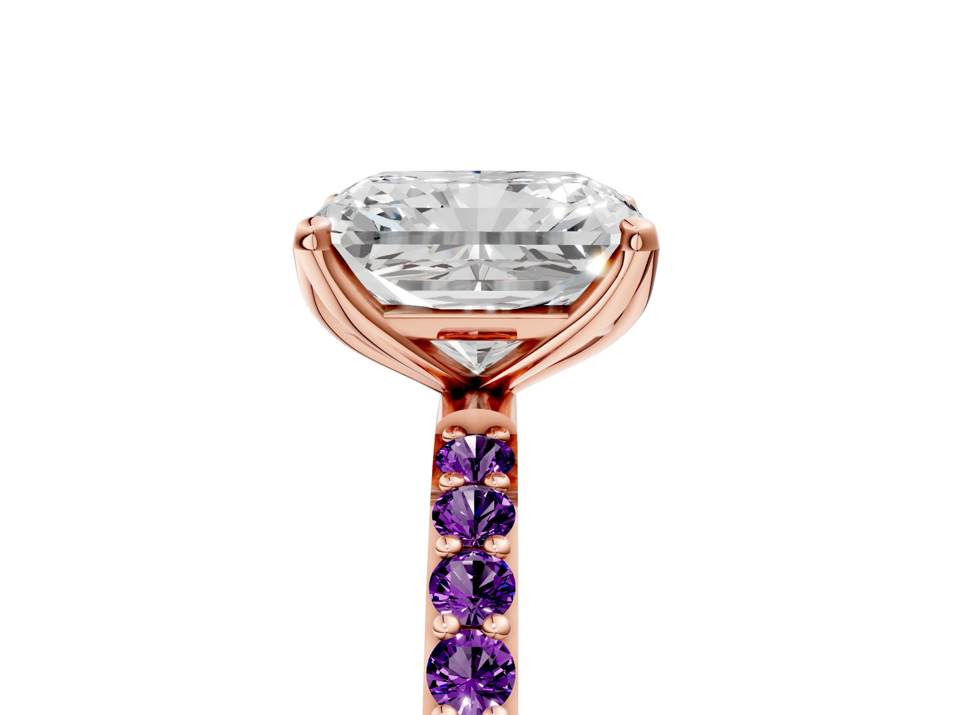 Rose gold Radiant Cut Diamond Solitaire Engagement Ring with Round with Amethyst side stone Pavé Band and Prong Setting_5