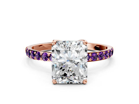 Rose gold Radiant Cut Diamond Solitaire Engagement Ring with Round with Amethyst side stone Pavé Band and Prong Setting