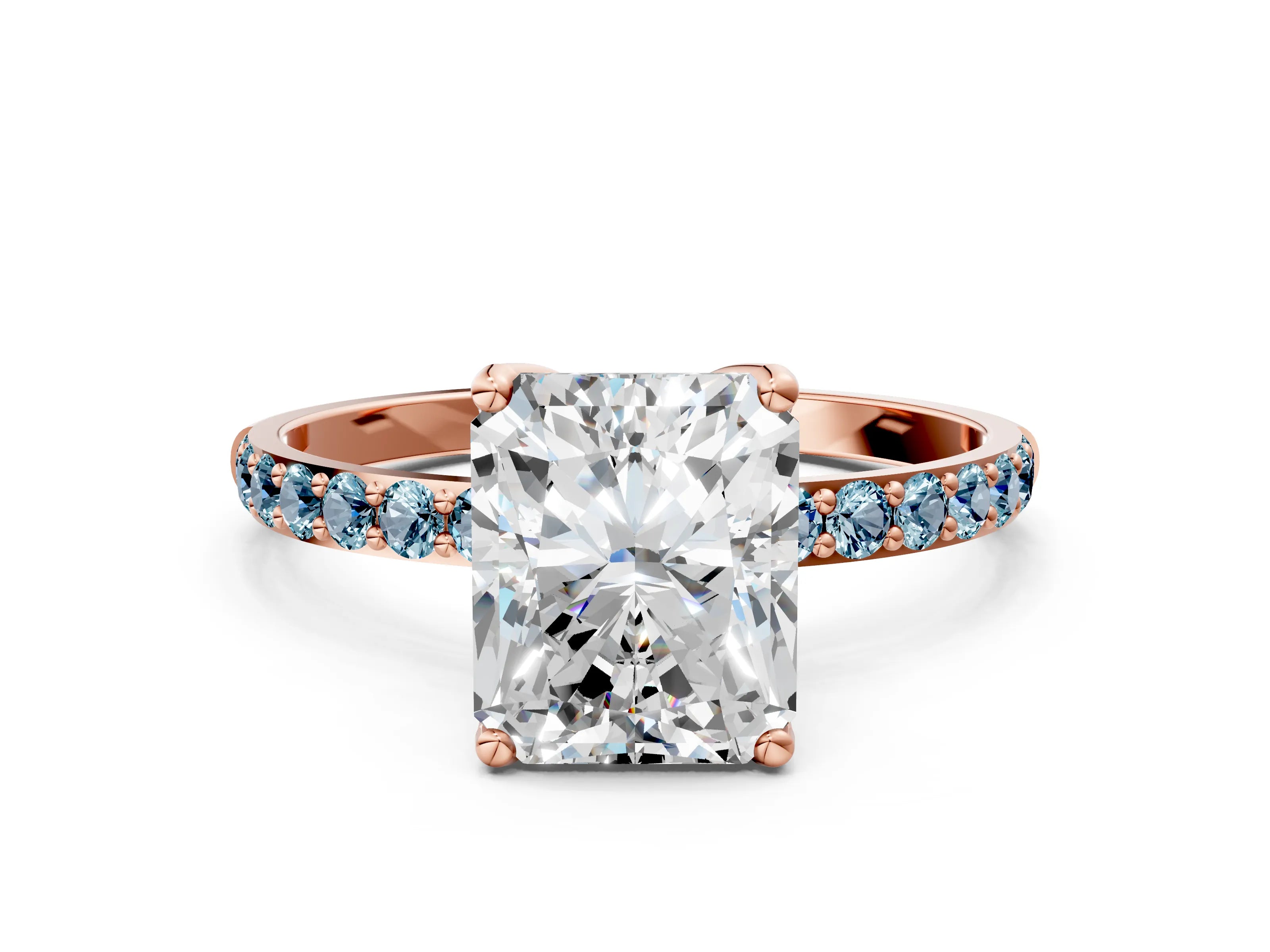 Rose gold Radiant Cut Diamond Solitaire Engagement Ring with Round with Aquamarine side stone Pavé Band and Prong Setting