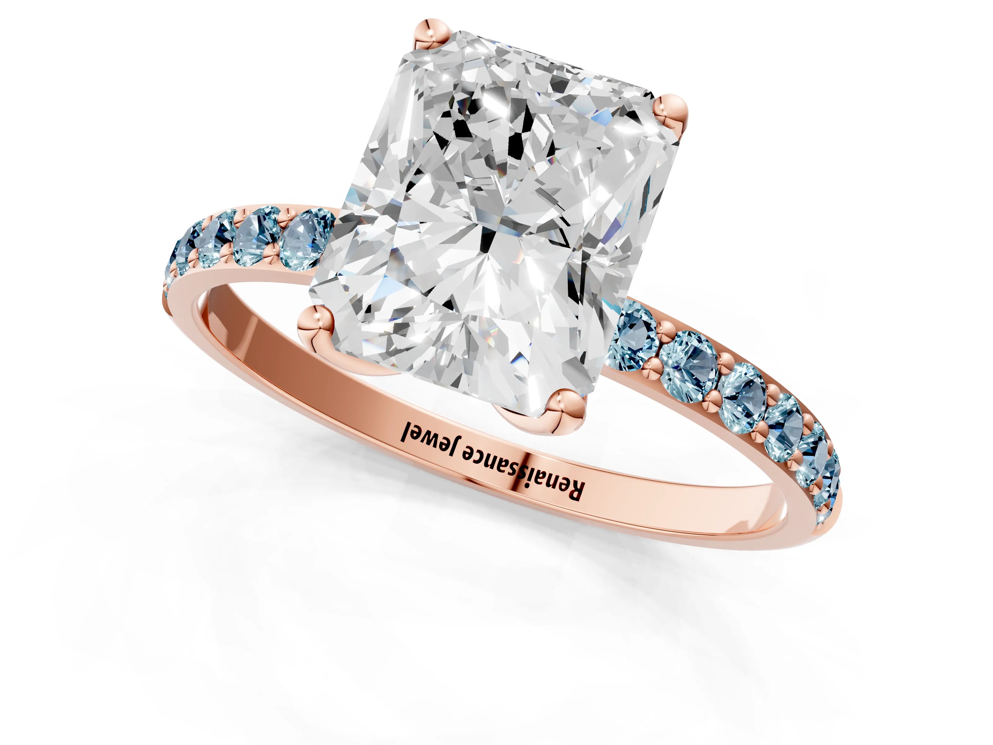 Rose gold Radiant Cut Diamond Solitaire Engagement Ring with Round with Aquamarine side stone Pavé Band and Prong Setting_1