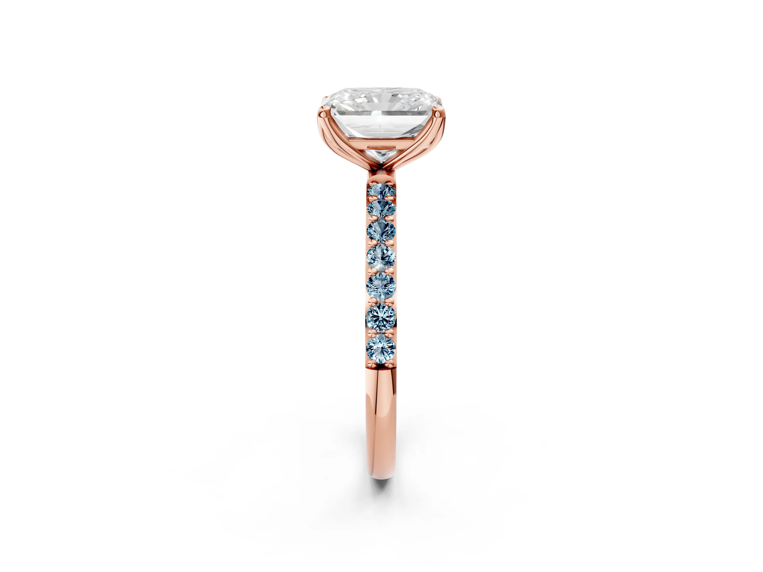 Rose gold Radiant Cut Diamond Solitaire Engagement Ring with Round with Aquamarine side stone Pavé Band and Prong Setting_2