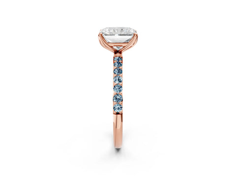Rose gold Radiant Cut Diamond Solitaire Engagement Ring with Round with Aquamarine side stone Pavé Band and Prong Setting_2