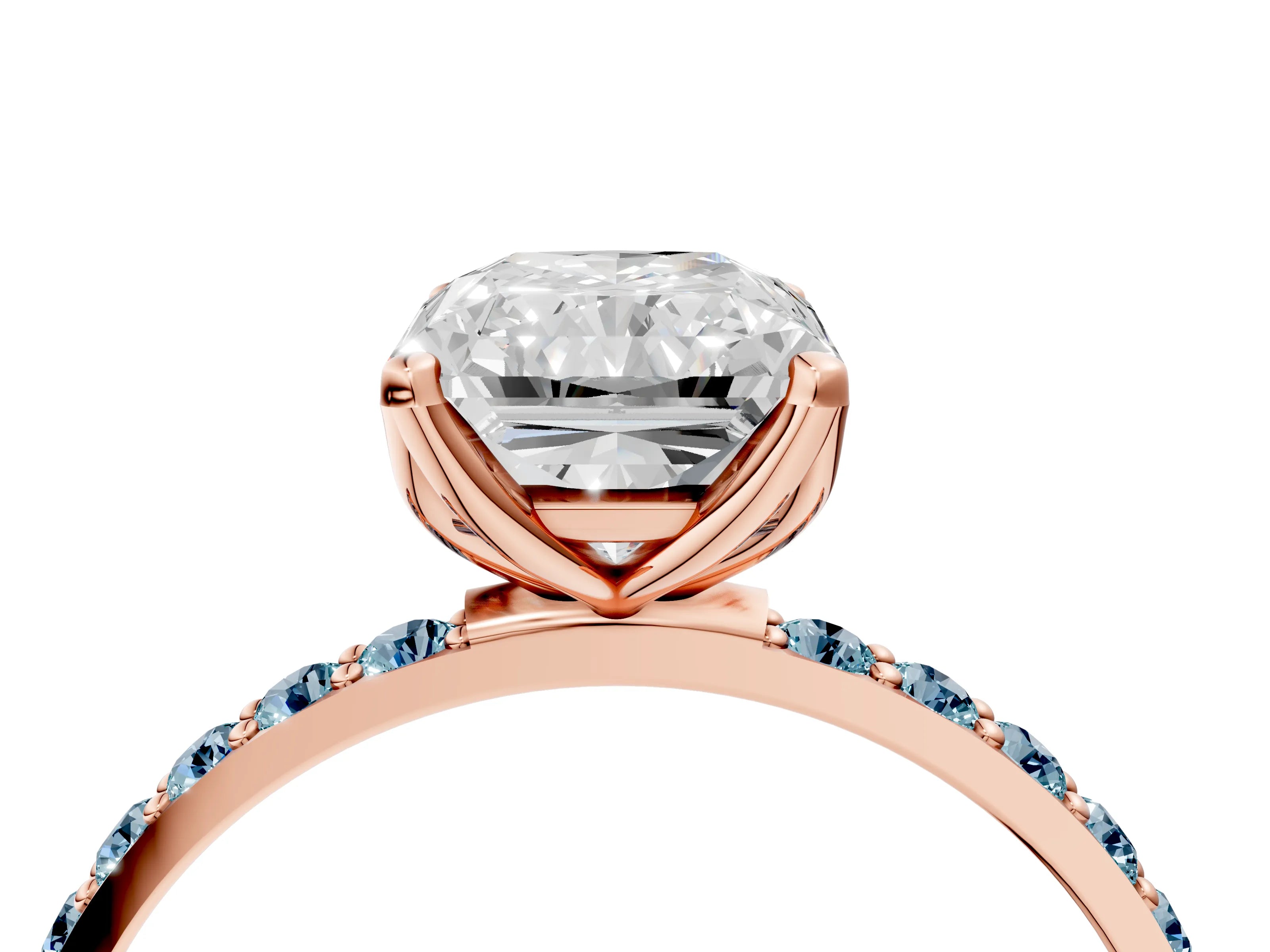 Rose gold Radiant Cut Diamond Solitaire Engagement Ring with Round with Aquamarine side stone Pavé Band and Prong Setting_4