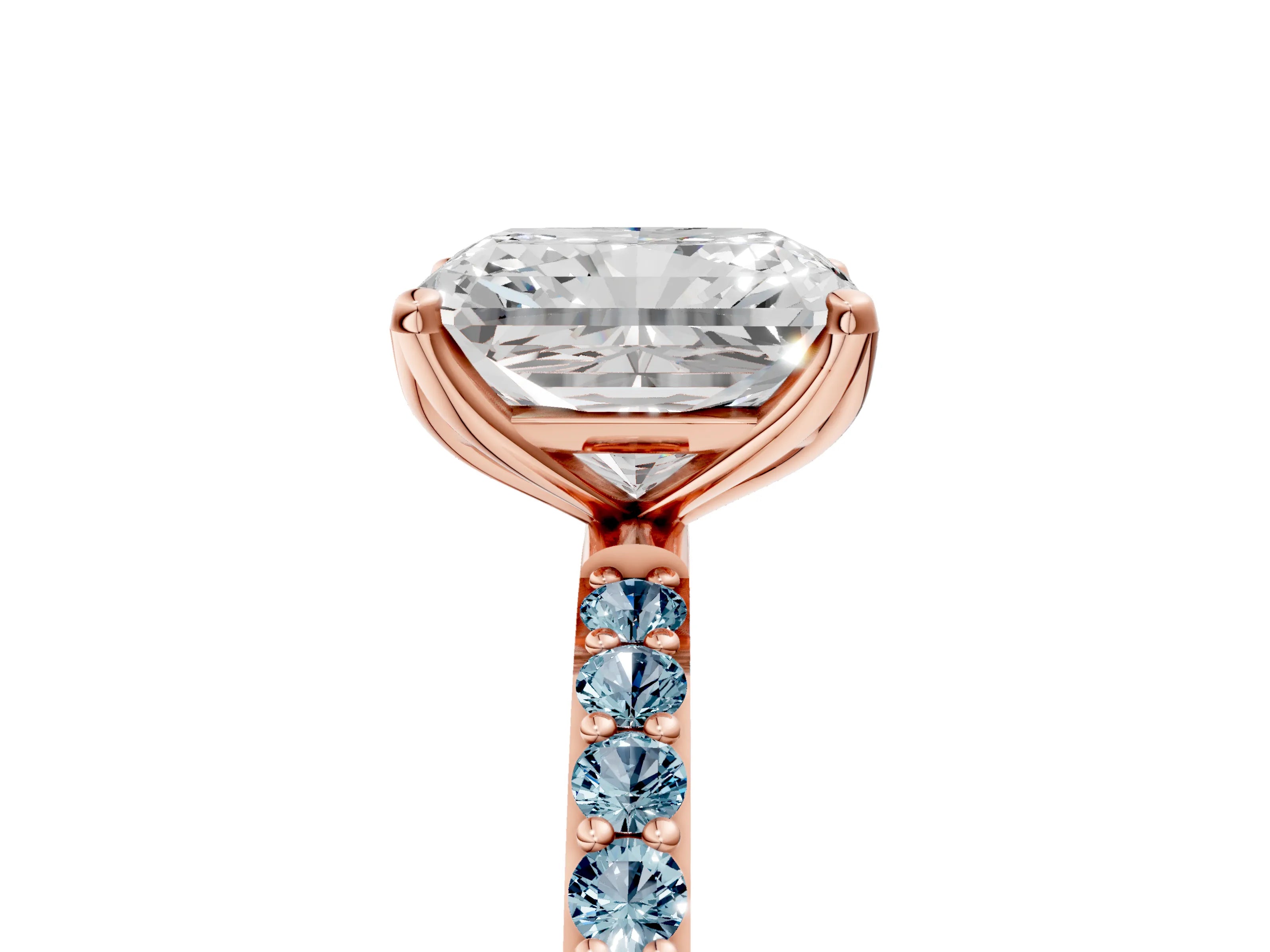 Rose gold Radiant Cut Diamond Solitaire Engagement Ring with Round with Aquamarine side stone Pavé Band and Prong Setting_5