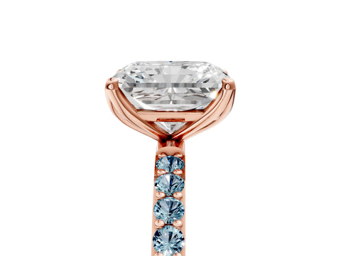 Rose gold Radiant Cut Diamond Solitaire Engagement Ring with Round with Aquamarine side stone Pavé Band and Prong Setting_5