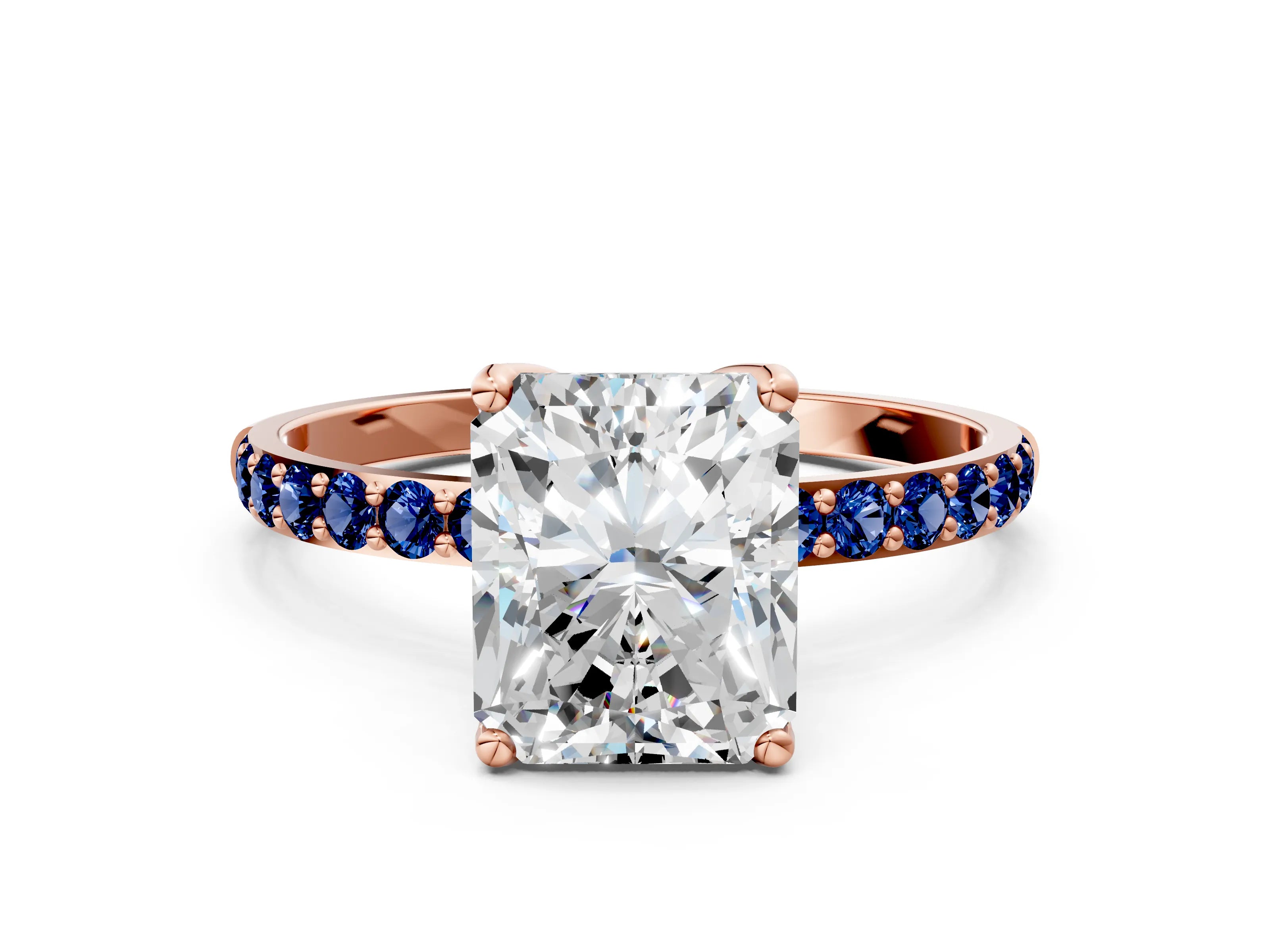 Rose gold Radiant Cut Diamond Solitaire Engagement Ring with Round with Blue Sapphire side stone Pavé Band and Prong Setting