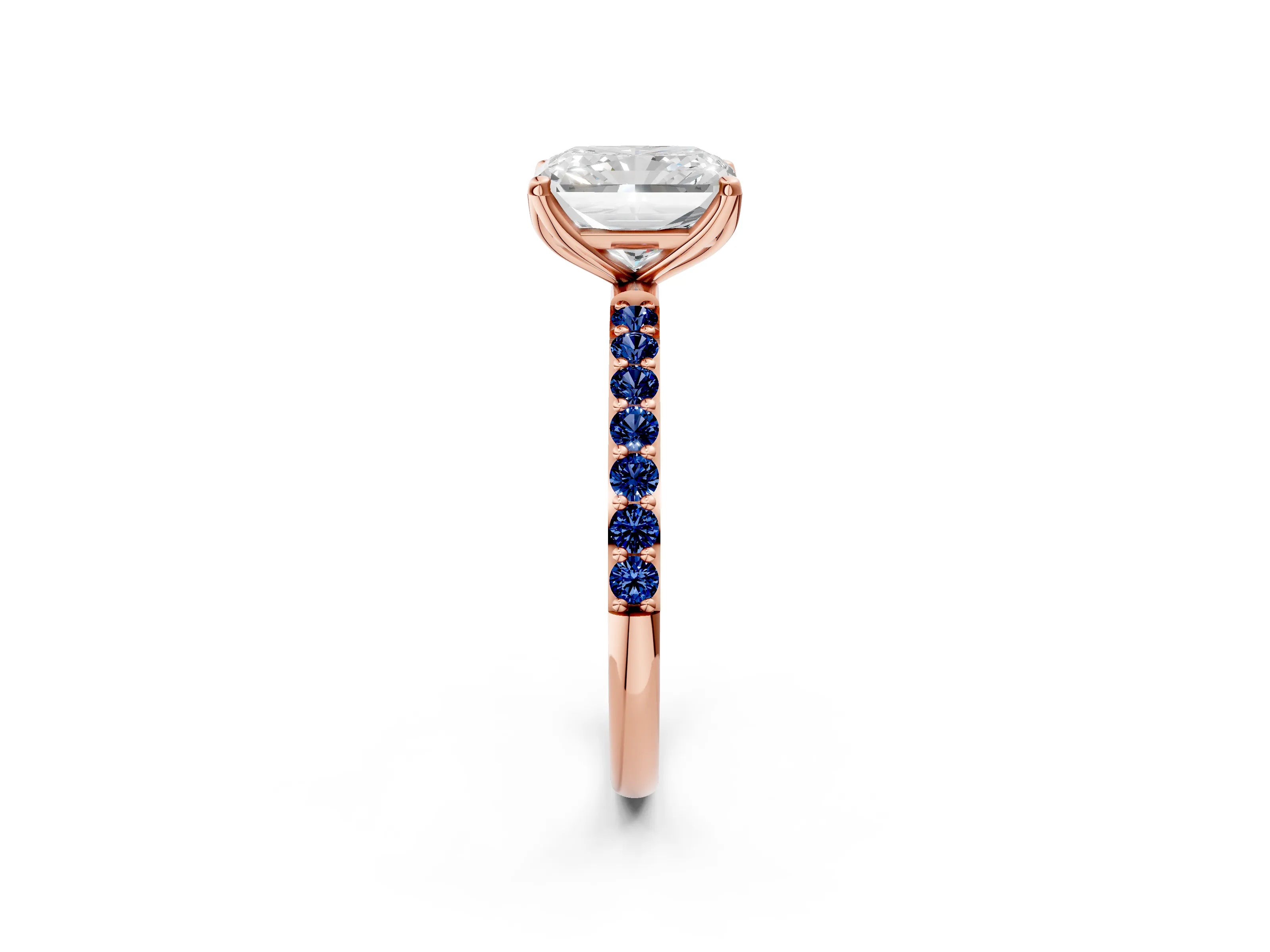 Rose gold Radiant Cut Diamond Solitaire Engagement Ring with Round with Blue Sapphire side stone Pavé Band and Prong Setting_2