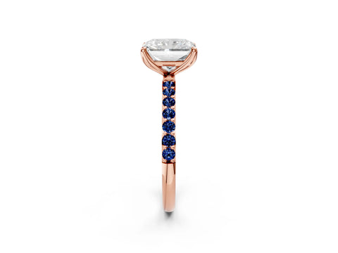 Rose gold Radiant Cut Diamond Solitaire Engagement Ring with Round with Blue Sapphire side stone Pavé Band and Prong Setting_2