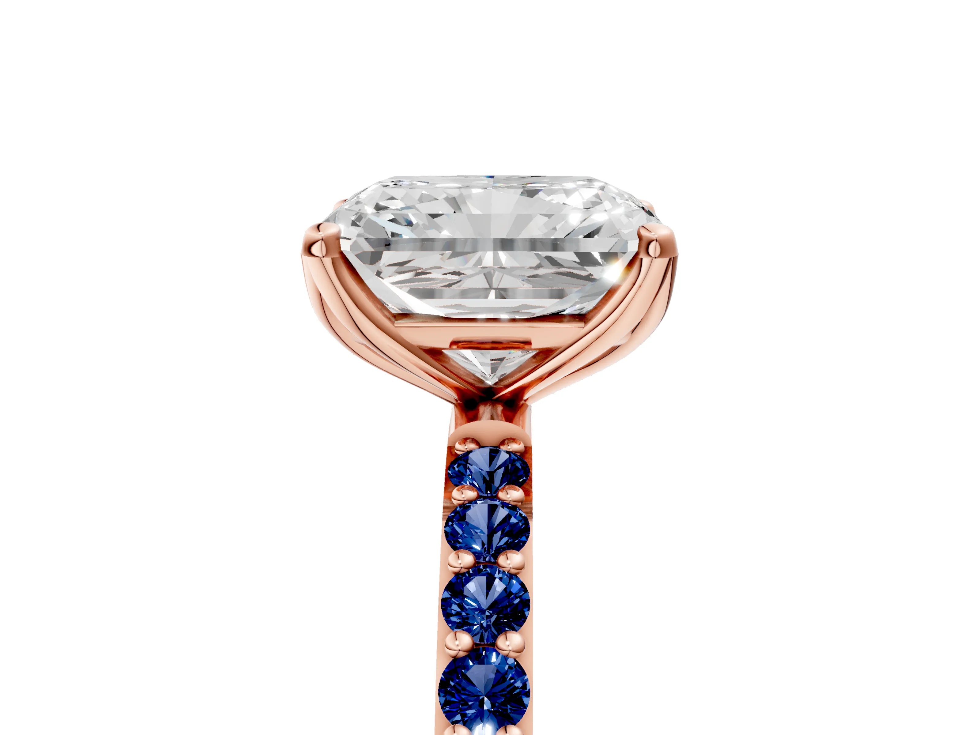 Rose gold Radiant Cut Diamond Solitaire Engagement Ring with Round with Blue Sapphire side stone Pavé Band and Prong Setting_5