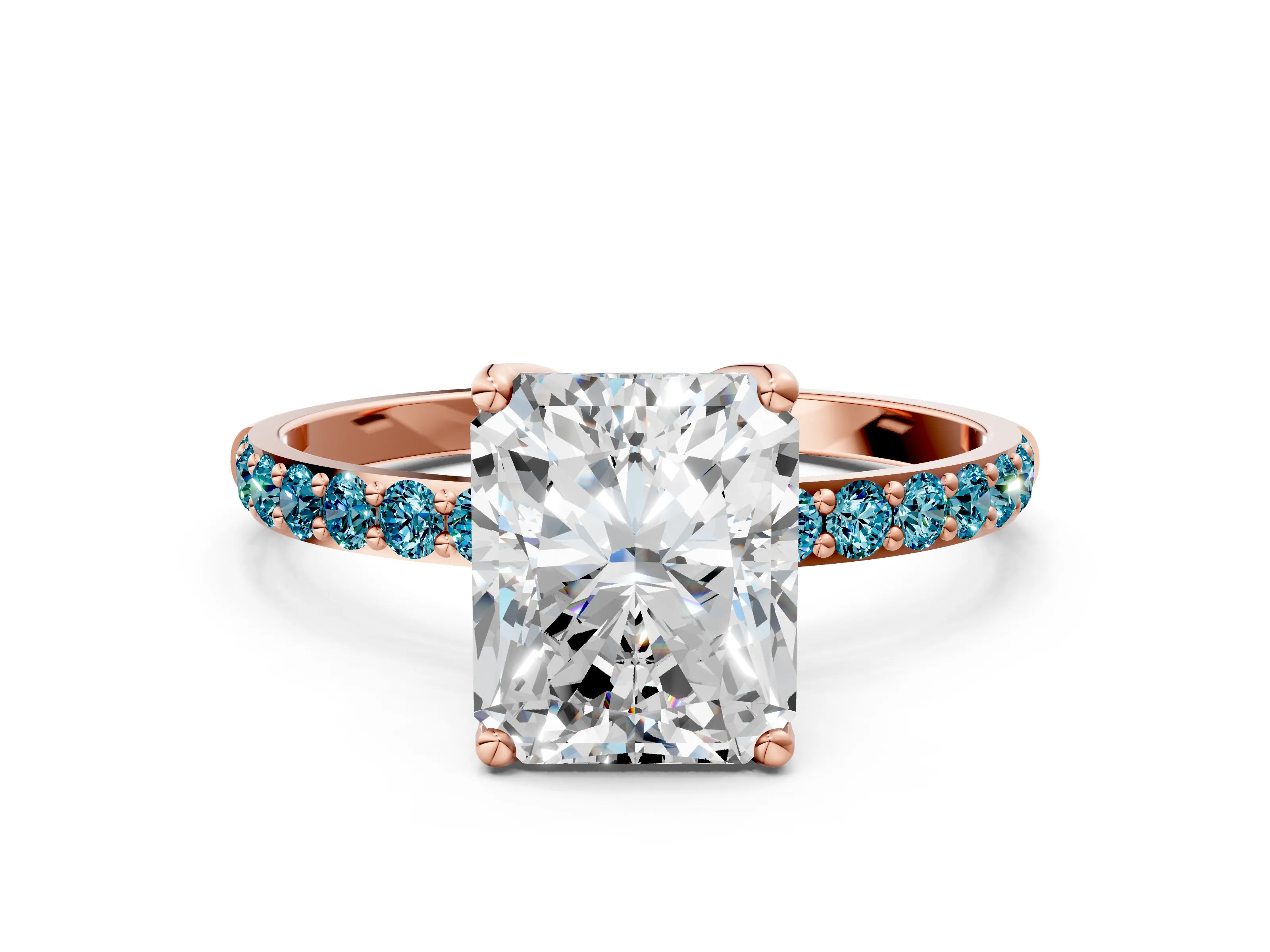 Rose gold Radiant Cut Diamond Solitaire Engagement Ring with Round with Blue Topaz side stone Pavé Band and Prong Setting