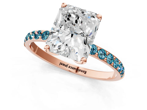 Rose gold Radiant Cut Diamond Solitaire Engagement Ring with Round with Blue Topaz side stone Pavé Band and Prong Setting_1