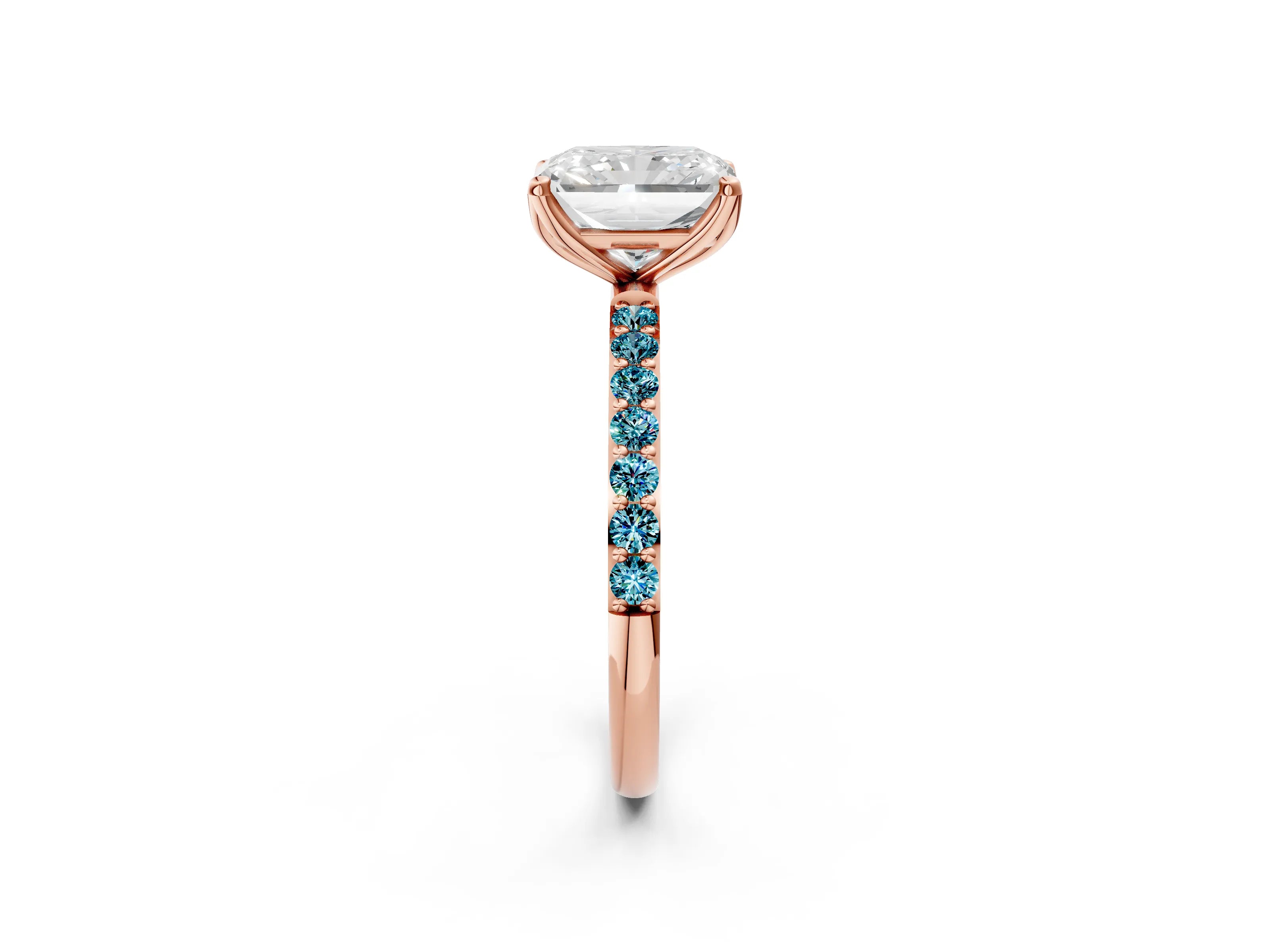 Rose gold Radiant Cut Diamond Solitaire Engagement Ring with Round with Blue Topaz side stone Pavé Band and Prong Setting_2