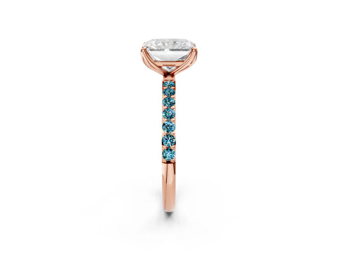 Rose gold Radiant Cut Diamond Solitaire Engagement Ring with Round with Blue Topaz side stone Pavé Band and Prong Setting_2
