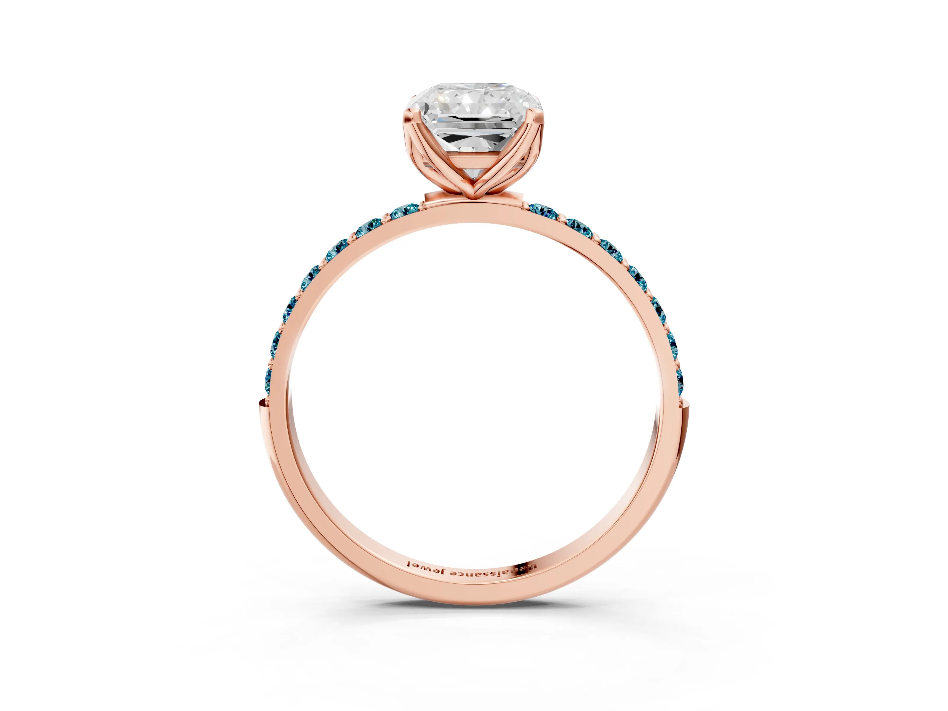 Rose gold Radiant Cut Diamond Solitaire Engagement Ring with Round with Blue Topaz side stone Pavé Band and Prong Setting_3