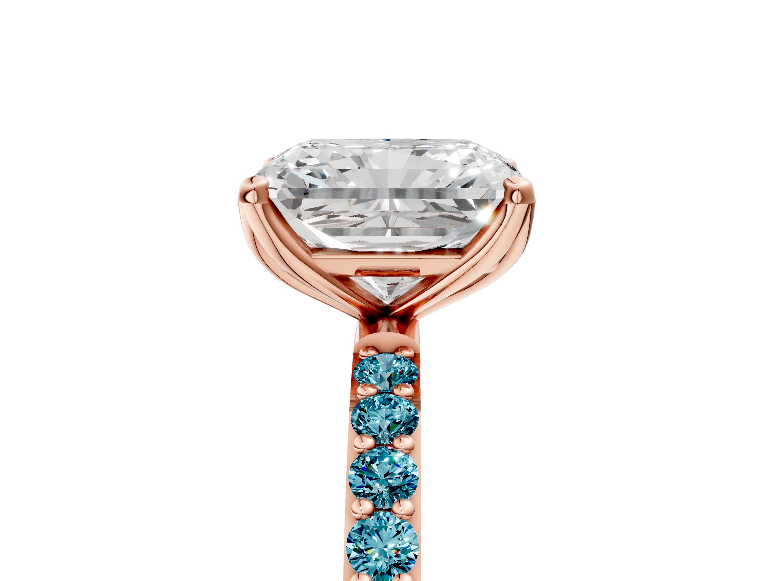Rose gold Radiant Cut Diamond Solitaire Engagement Ring with Round with Blue Topaz side stone Pavé Band and Prong Setting_5