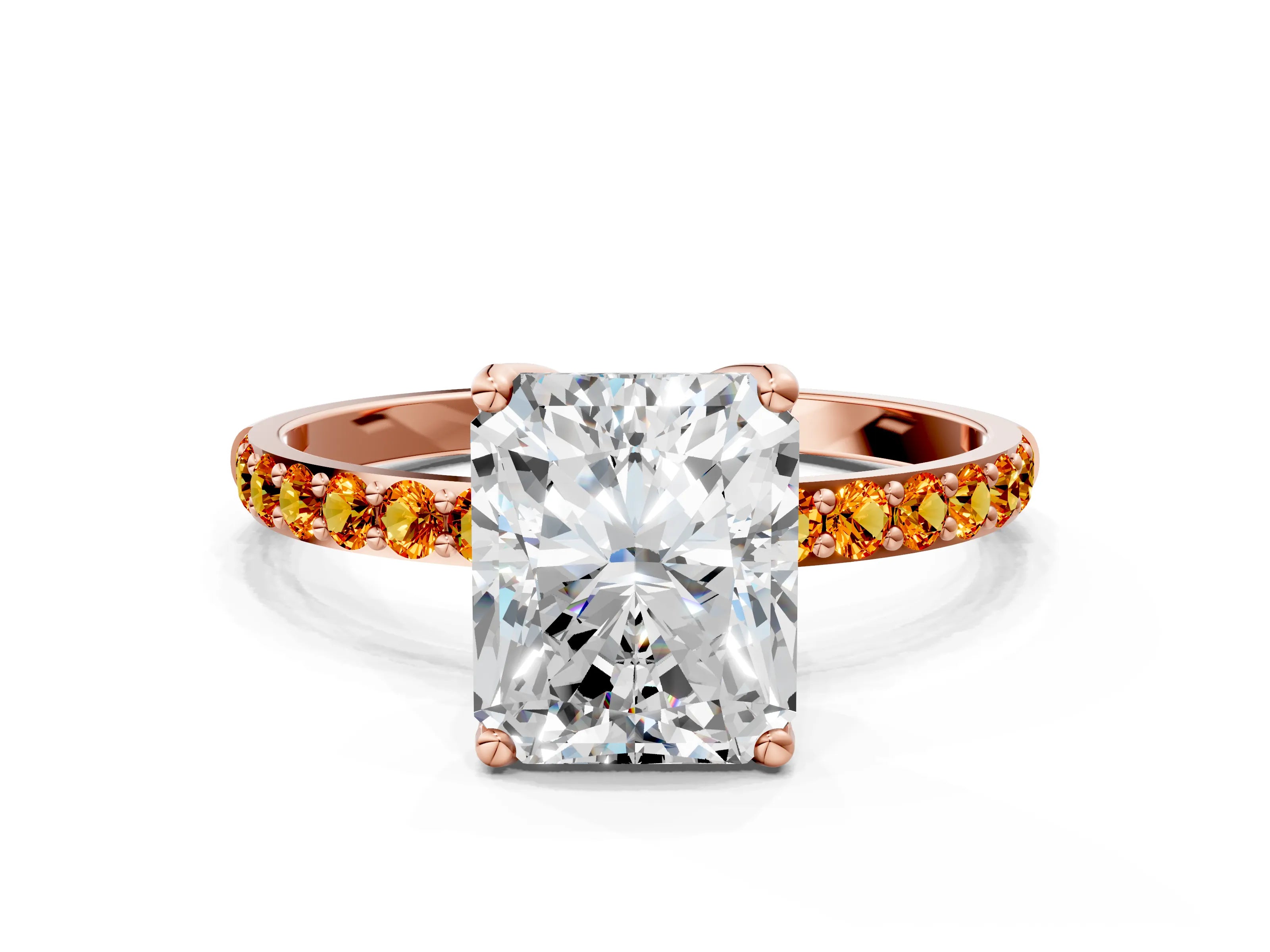 Rose gold Radiant Cut Diamond Solitaire Engagement Ring with Round with Citrine side stone Pavé Band and Prong Setting
