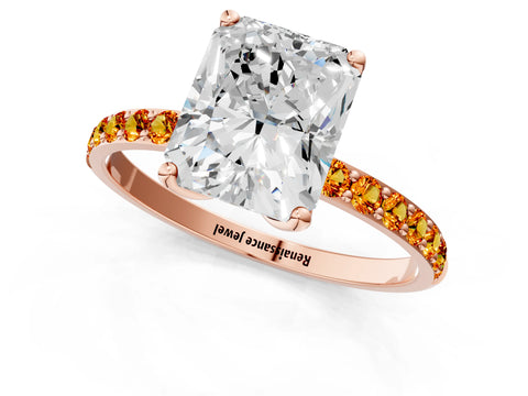 Rose gold Radiant Cut Diamond Solitaire Engagement Ring with Round with Citrine side stone Pavé Band and Prong Setting_1