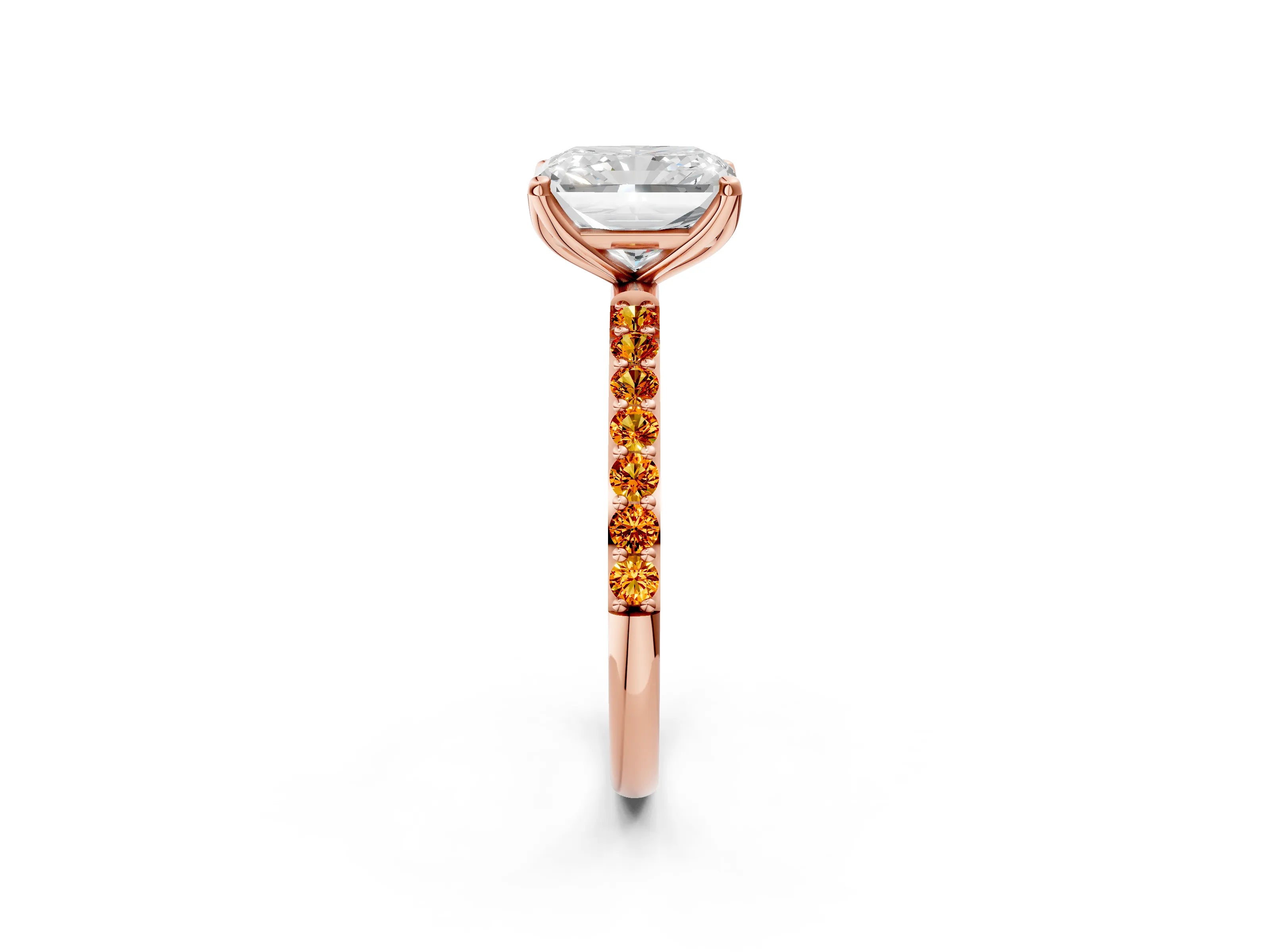 Rose gold Radiant Cut Diamond Solitaire Engagement Ring with Round with Citrine side stone Pavé Band and Prong Setting_2