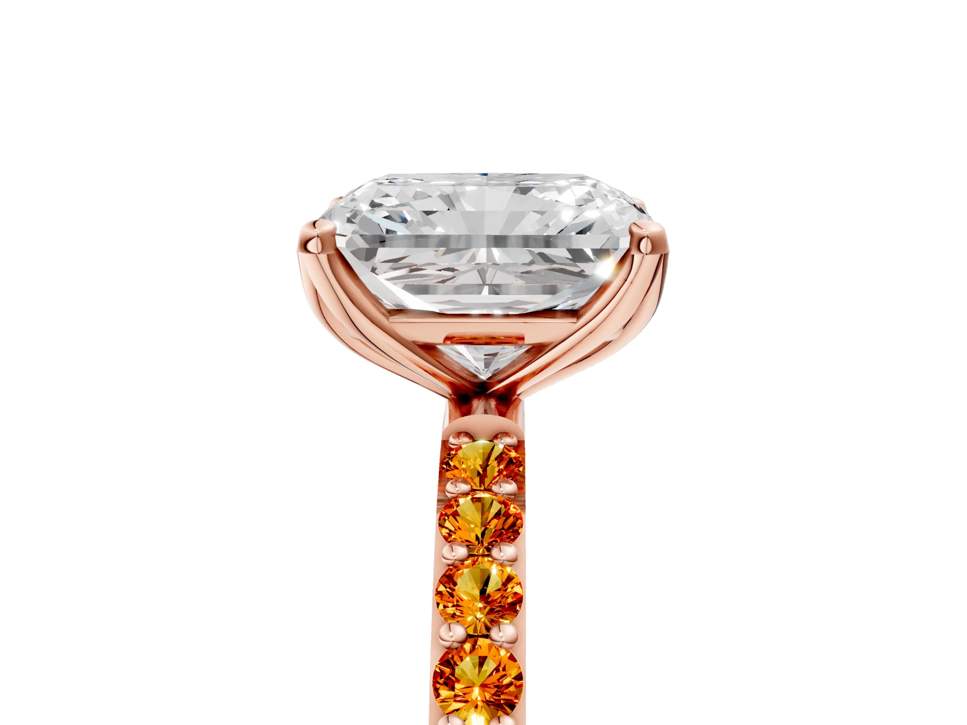 Rose gold Radiant Cut Diamond Solitaire Engagement Ring with Round with Citrine side stone Pavé Band and Prong Setting_5
