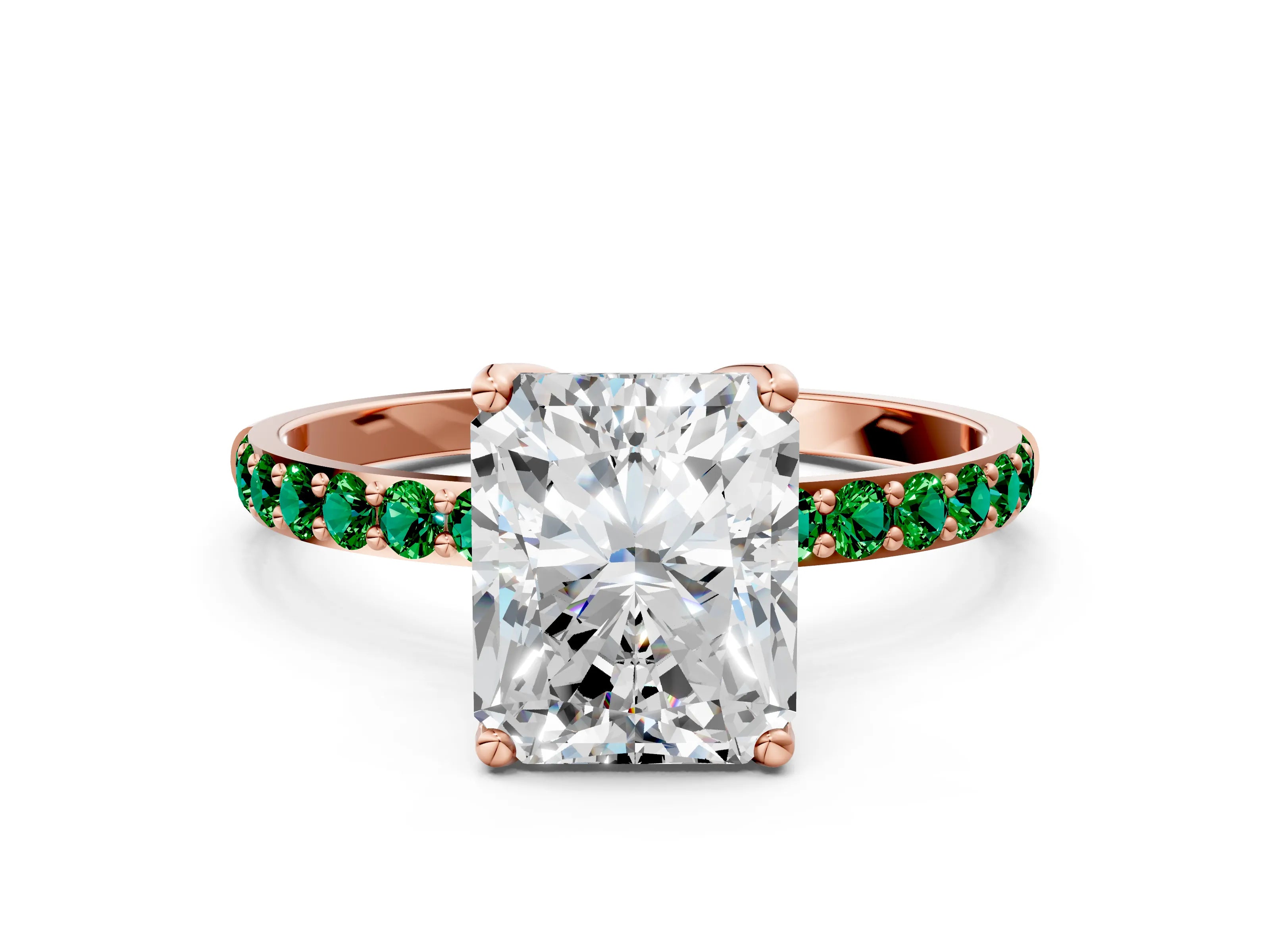 Rose gold Radiant Cut Diamond Solitaire Engagement Ring with Round with Emerald side stone Pavé Band and Prong Setting