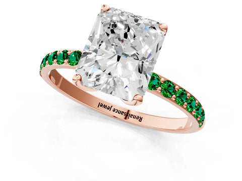 Rose gold Radiant Cut Diamond Solitaire Engagement Ring with Round with Emerald side stone Pavé Band and Prong Setting_1