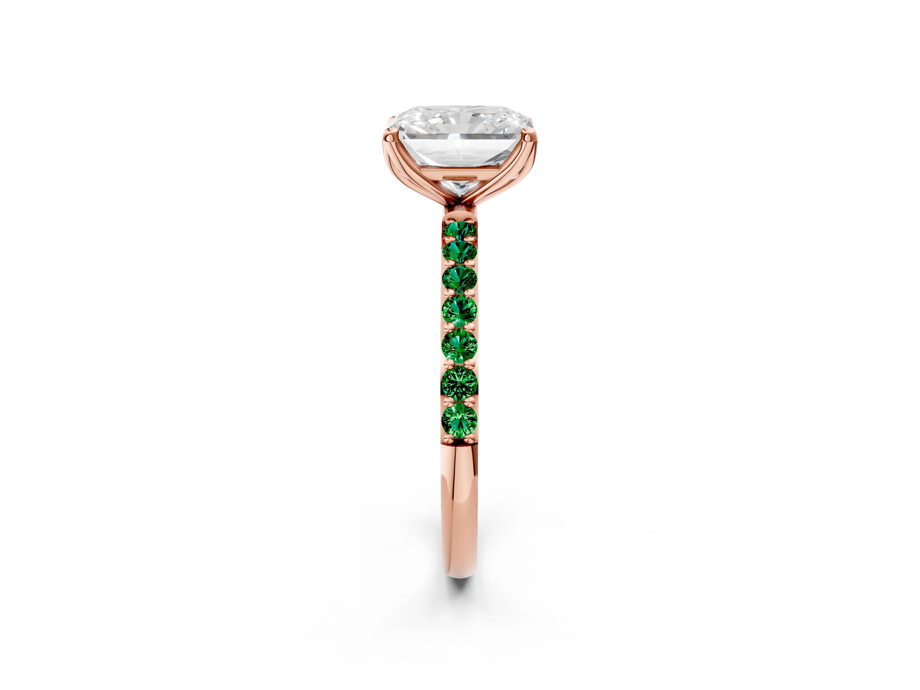 Rose gold Radiant Cut Diamond Solitaire Engagement Ring with Round with Emerald side stone Pavé Band and Prong Setting_2
