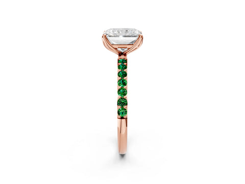 Rose gold Radiant Cut Diamond Solitaire Engagement Ring with Round with Emerald side stone Pavé Band and Prong Setting_2