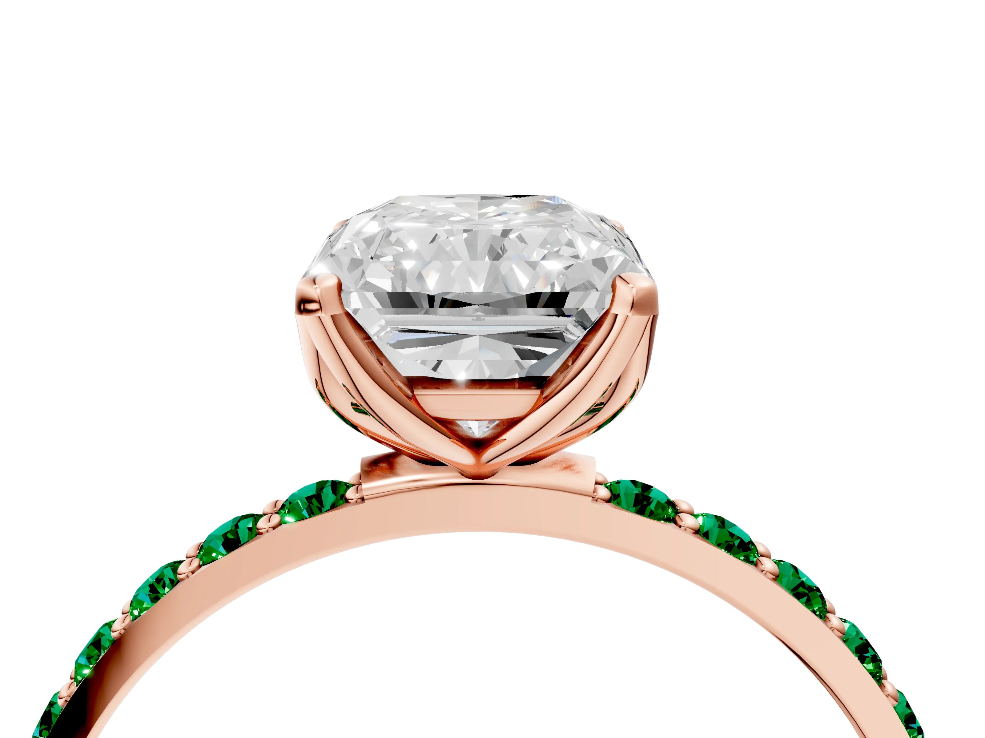 Rose gold Radiant Cut Diamond Solitaire Engagement Ring with Round with Emerald side stone Pavé Band and Prong Setting_4